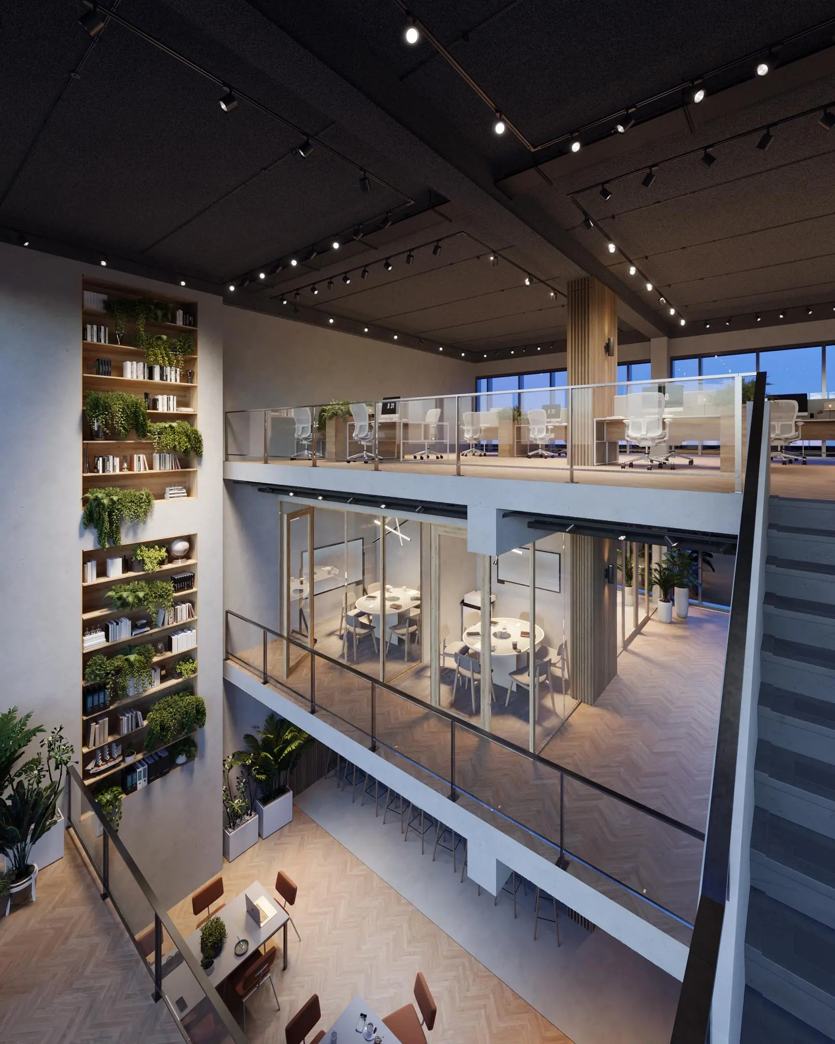 Modern kantoorgebouw aan het George Gershwinplein met meerdere verdiepingen, glazen wanden en groene wanddecoratie.